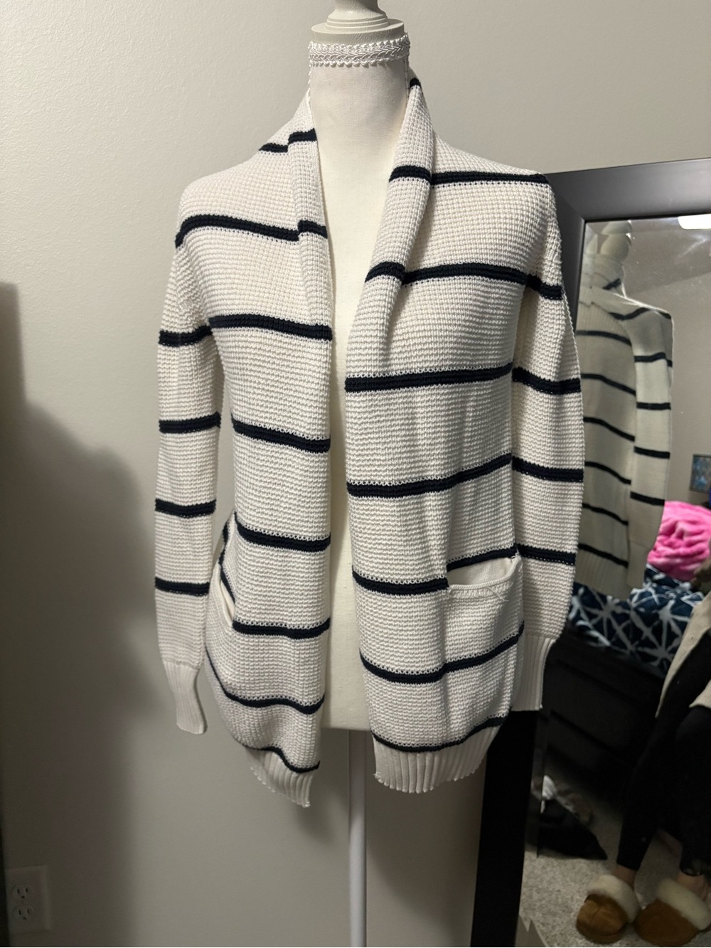 Athleta Cream and Navy Striped Shawl-Collar Cardigan
